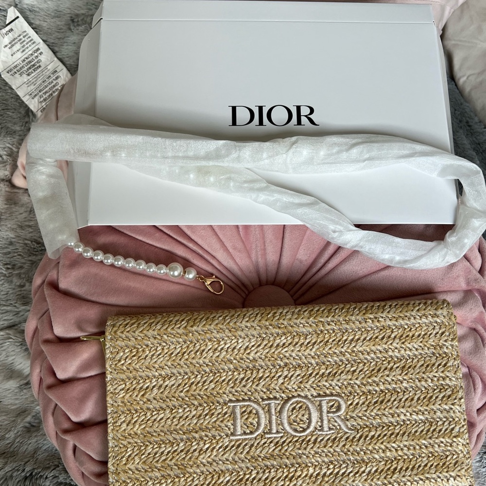 Dior Beige Woven Clutch with Pearl Accent